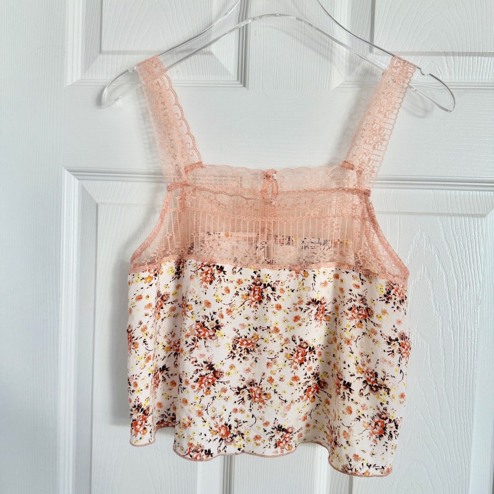 🍑 FREE PEOPLE Peach Floral Lace Sleep Lounge Reversible Cami Tank Top - Picture 11 of 16